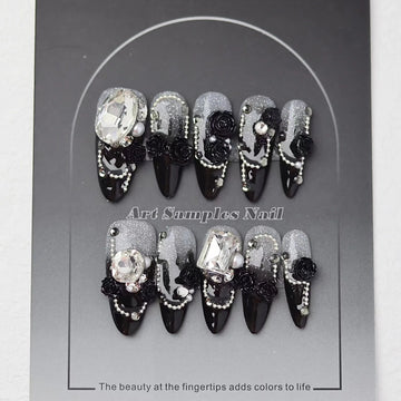 Qfdian 10Pcs luxury Black French Style Fake Nails Handmade Almond Press on Nails Rhinestone Decor Wedding Nails Tips Wearable Manicure